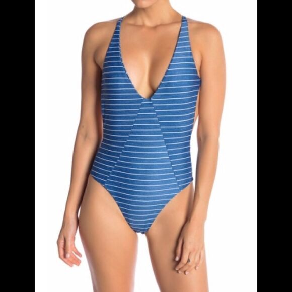 Rip Curl blue stripe plunge neck cheeky swimsuit. New - Picture 2 of 12